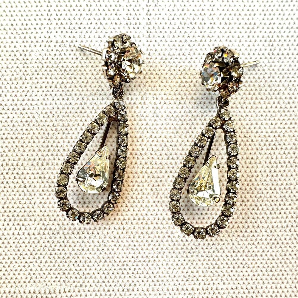Vintage Rhinestone Dangle Earrings for Pierced Ears Silver Tone